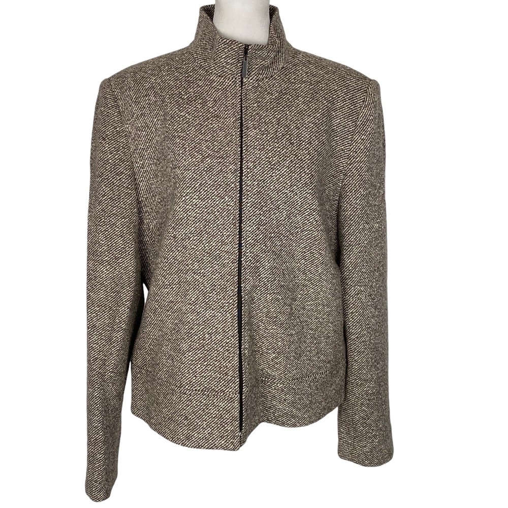 TALBOTS Women Wool Silk Blend Zip Front Long Sleeve Blazer Sz 14 Brown hg-25